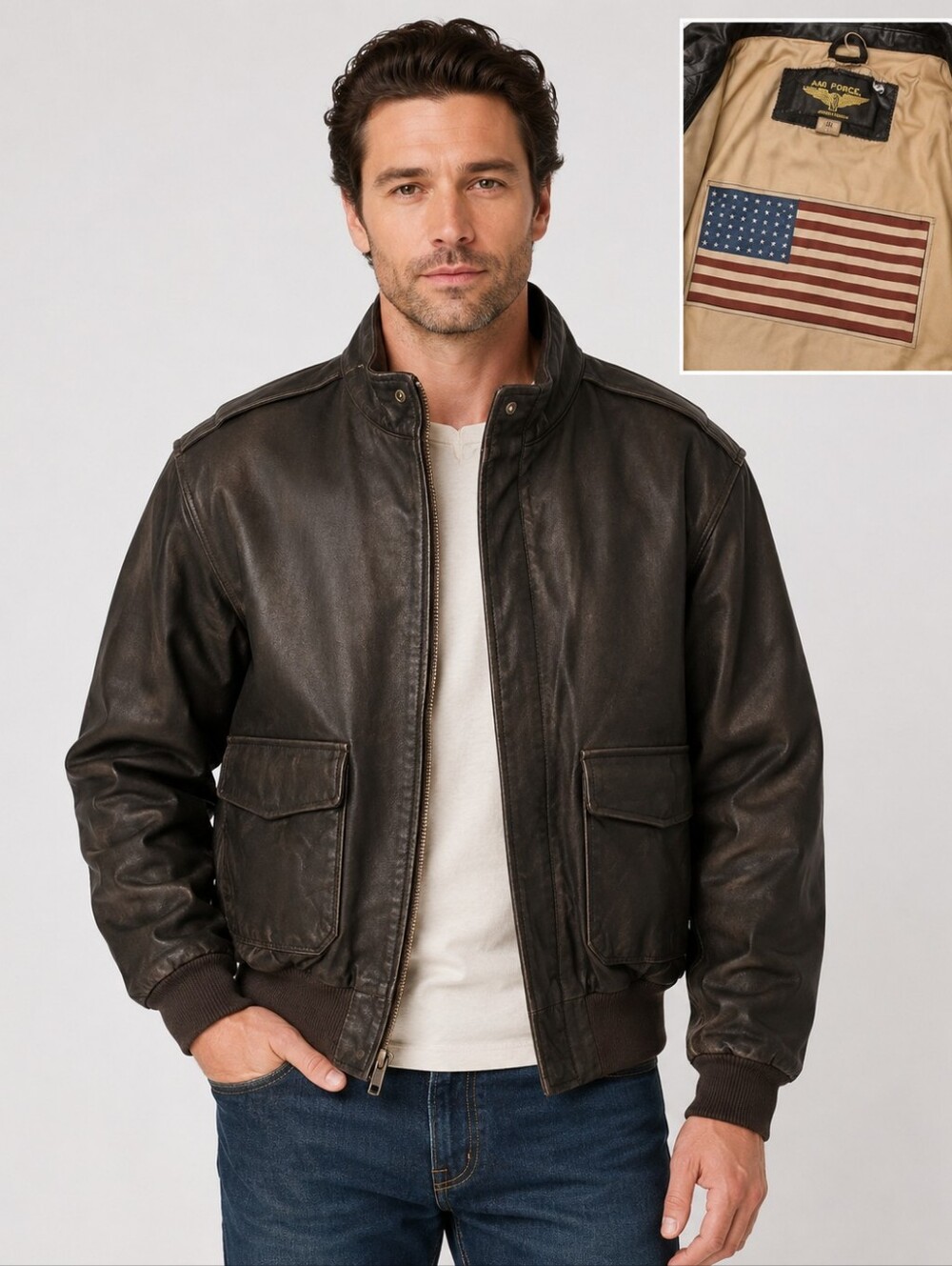 Air Force Landing Leathers Men Bomber Jacket Brown/Black Full Zip USA Flag Lined